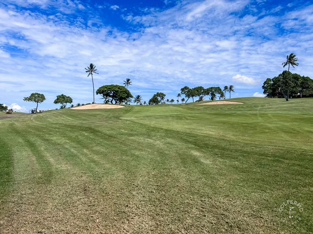 A green and flagstick at the Royal Course, with the Pacific behind the hole.