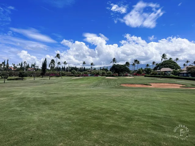 Golfers on a tee at the Royal Course, with the coast behind them.