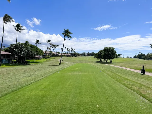 A green and flagstick at the Royal Course, seen from the fairway, with the Pacific behind it.