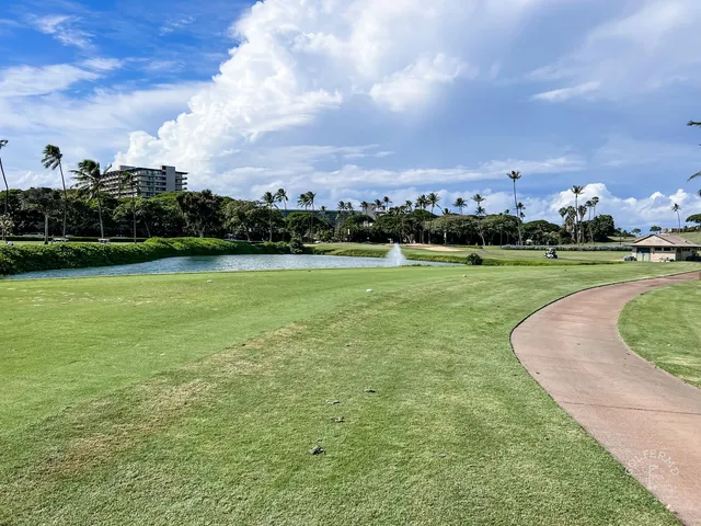 A wide view of the Royal Course, with palm trees, sand, and the ocean.