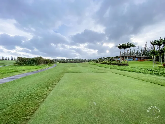 A fairway at the Plantation Course running through long grass toward the ocean.