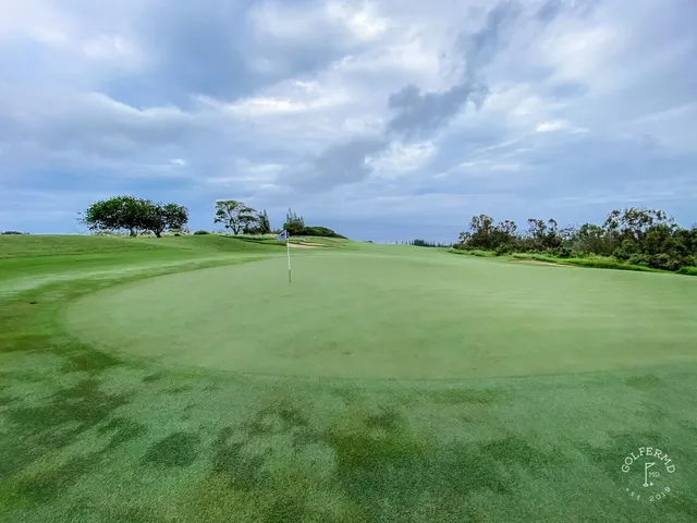A golfer hitting a shot at the Plantation Course, with the coast ahead.