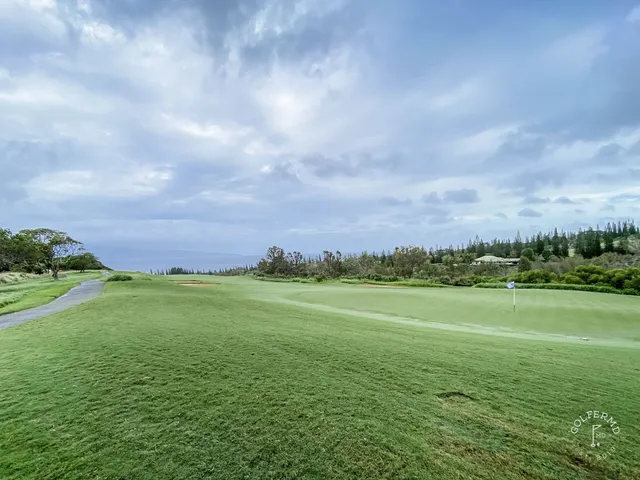 Golfers on a tee at the Plantation Course, with the ocean and mountains behind them.