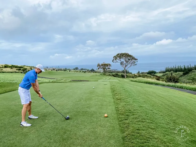 A wide view of the Plantation Course, with a fairway dropping toward the ocean.
