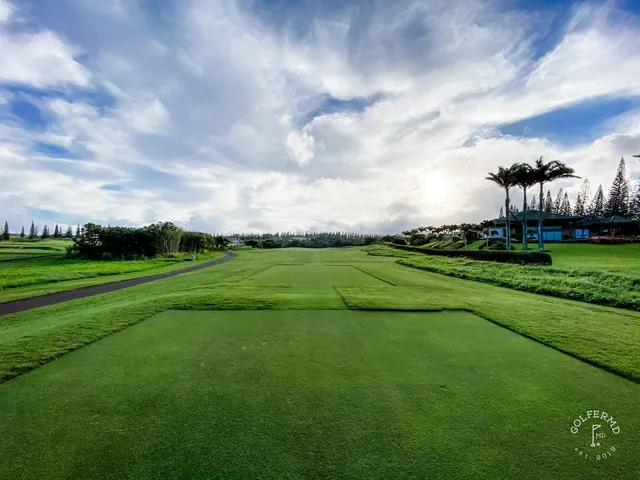 A golfer putting on a green at the Plantation Course, with the Pacific behind the hole.