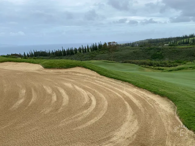 A wide hole at the Plantation Course, with long grass and the Pacific on the horizon.