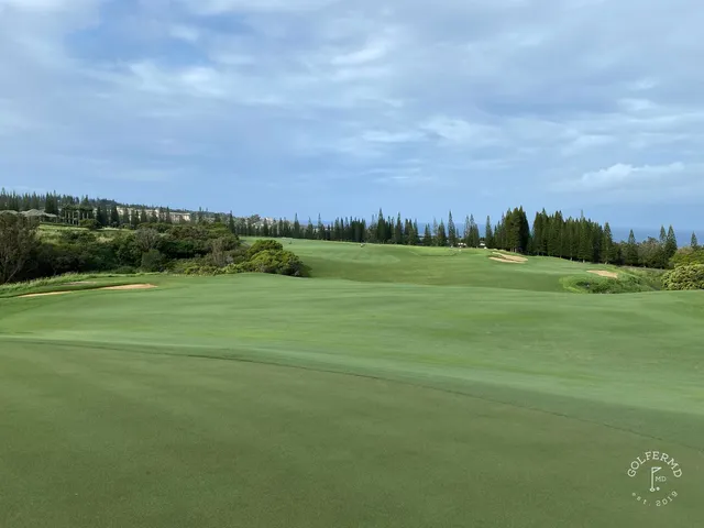 A golfer standing on a tee at the Plantation Course, with the fairway and ocean ahead.