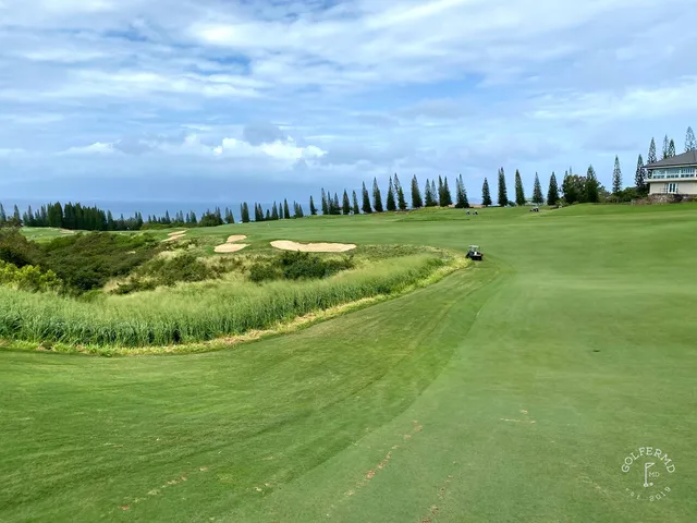 Another view of a green and flagstick at the Plantation Course, with the ocean on the horizon.
