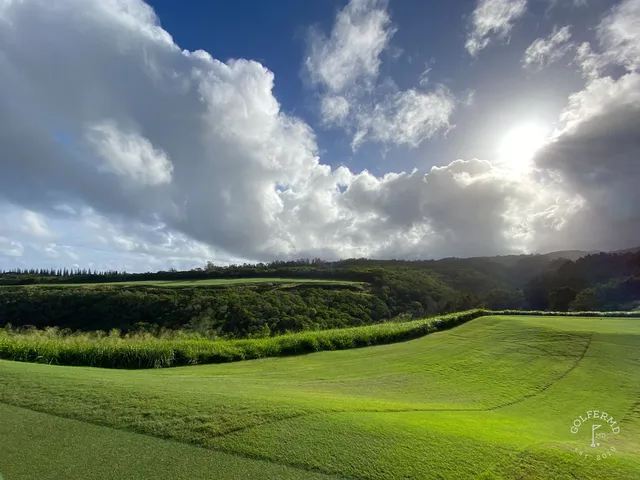 A close view of a flagstick at the Plantation Course, with the Pacific behind the green.