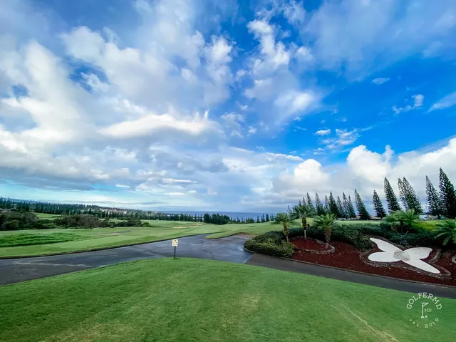 A wide view across the Plantation Course, with the ocean on the horizon.