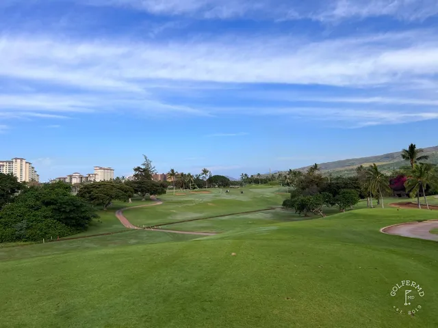 A golfer putting on a green at Ko Olina, with the ocean behind the hole.