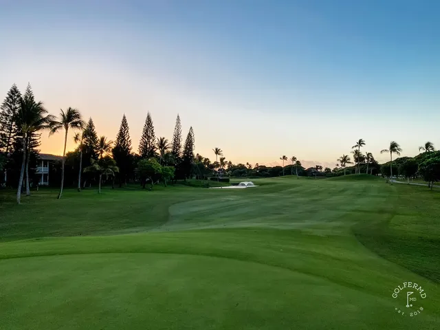 Another angle of a green and flagstick at Ko Olina, with a pond beside the green and palm trees along the water.