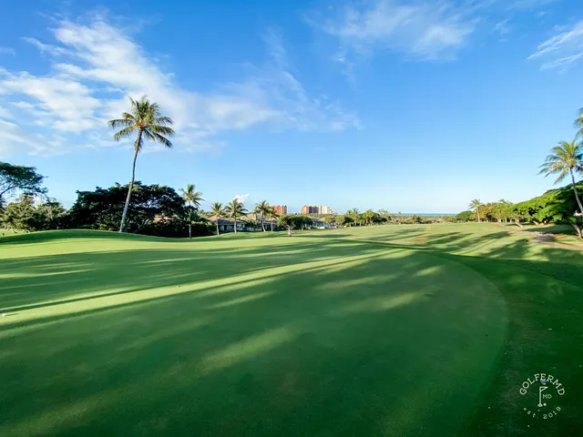 A green and flagstick at Ko Olina, with a large sand bunker in front and palm trees around the hole.