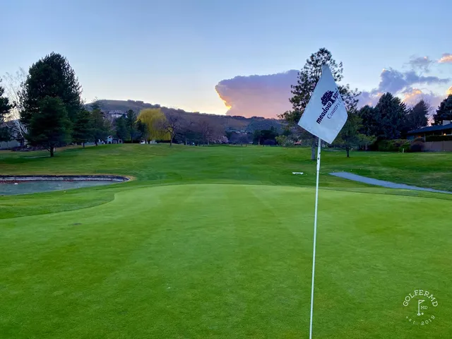 A fairway at Meadow Springs lined with trees on both sides.