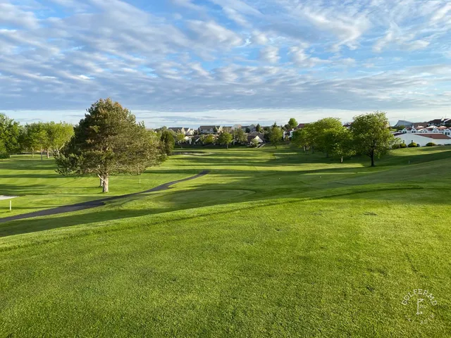 A fairway at Meadow Springs in evening light, with trees along the hole.