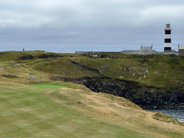 A fairway at Old Head beside the cliff, with birds over the water.