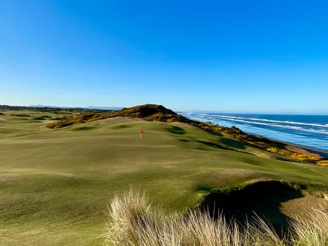 A green and flagstick at Old Macdonald, sand in front of the hole and the Pacific behind.