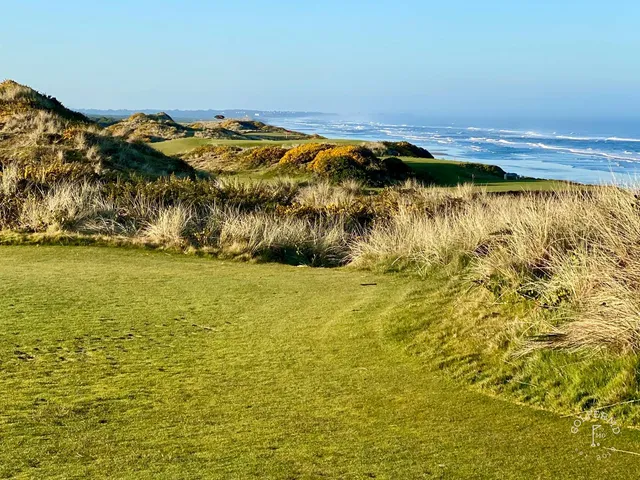 A fairway and green at Pacific Dunes, with a bunker in the foreground and the ocean beyond.