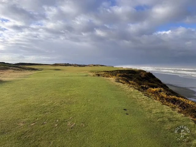 A wide hole at Pacific Dunes, with gorse on both sides and the water ahead.