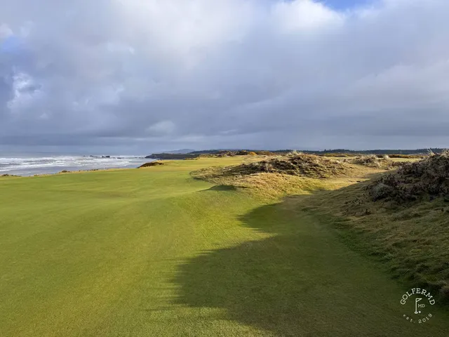 A fairway at Pacific Dunes winding through the dunes.