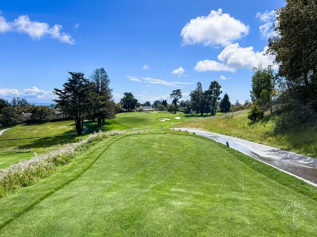 A fairway and green at Pasatiempo Golf Club, with tall trees along the hole.