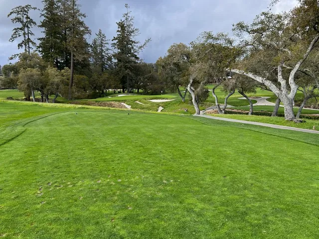A fairway and green at Pasatiempo Golf Club, with a hillside of houses beyond the trees.