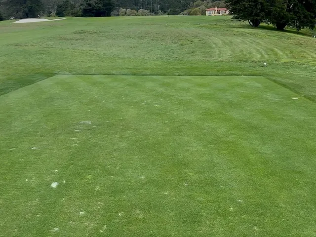 A green and flagstick on the cliffs above the ocean at Pebble Beach Golf Links.