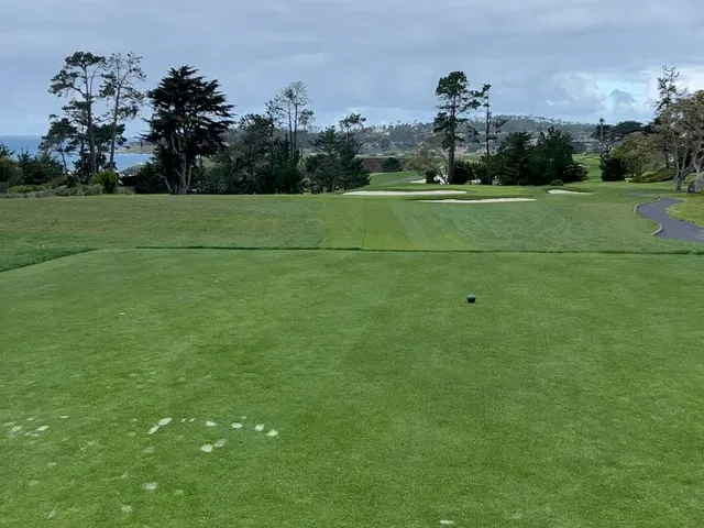 Looking across a fairway toward the ocean at Pebble Beach Golf Links, with cypress trees along the coast.