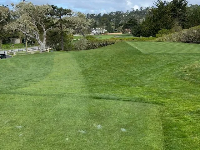 The coastline at Pebble Beach Golf Links, with the ocean, cliffs, and cypress trees.