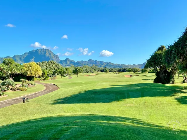 Golfers on a tee at Poipu Bay, with the coast behind them.