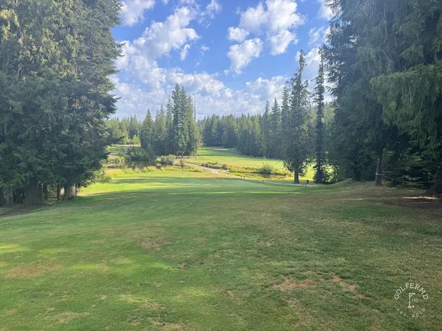 A fairway at Priest Lake lined with pine trees, running toward the water.