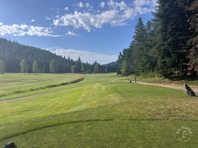 Golfers on a tee at Priest Lake, with the forest and lake behind them.