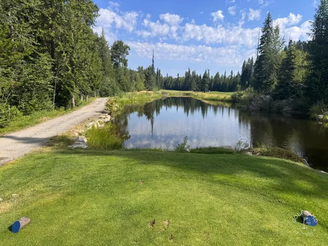 A fairway and green at Priest Lake, with a bunker in the foreground and pines beyond.