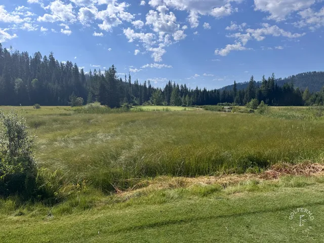 A green and flagstick at Priest Lake, seen from a rise, with the water beyond.