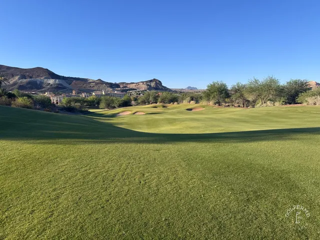 A fairway at Reflection Bay lined with palms, running toward the water.