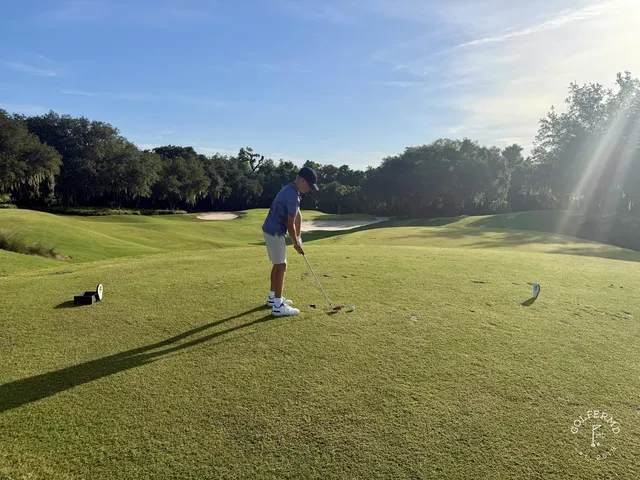 A long fairway at the Palmer Course lined with pine trees, with a pond on the right.