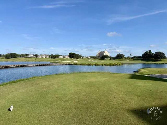 A fairway and green at the Palmer Course, with a pond on the right and pine trees around the hole.