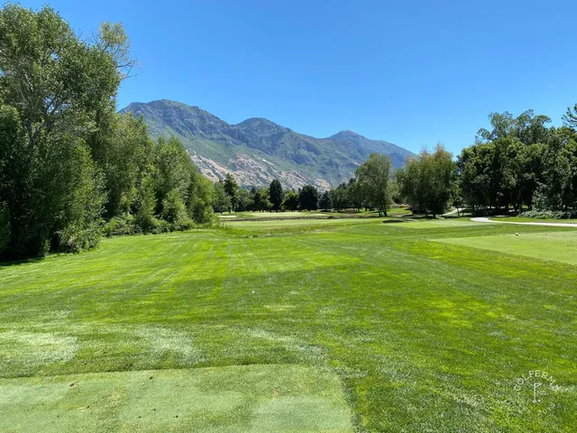 Golfers on a tee at Riverside Country Club, with the mountains behind them.