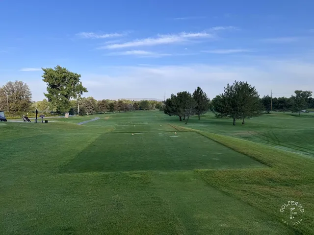 A green and flagstick at Riverside Country Club, seen from the fairway, with a bunker short of the green.