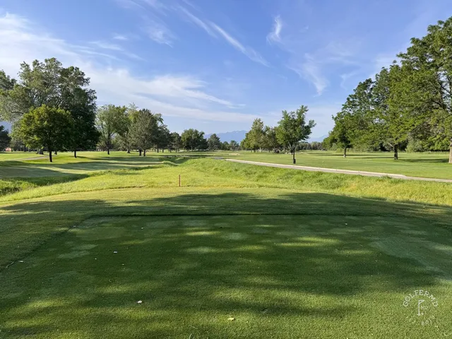 Golfers standing on a tee at Riverside Country Club, with the course and mountains behind them.