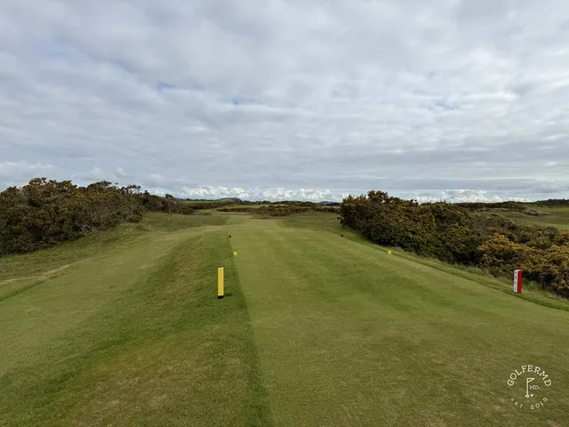 A green and flagstick on the Annesley Links, a bunker in front and the mountains behind.