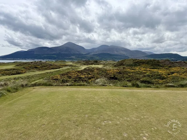 A close view of a flagstick at Royal County Down, with a pot bunker beside the green.