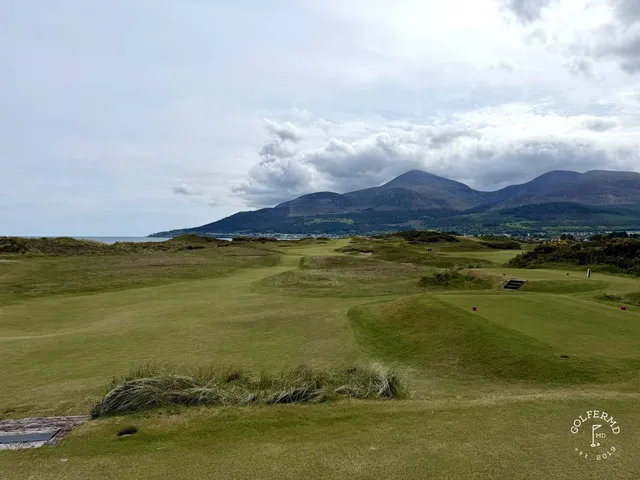 A green at Royal County Down guarded by sand, with the mountains behind the hole.