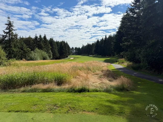A fairway at Salish Cliffs with a bunker on the right and evergreens beyond.
