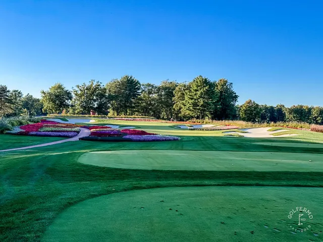 A fairway at SentryWorld bending through the trees.