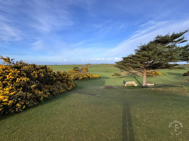 A fairway at Sheep Ranch bending along the cliffs toward a distant green.