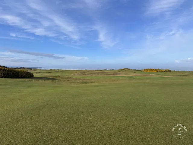 A golfer putting at Sheep Ranch, with the bluff and the water behind the green.