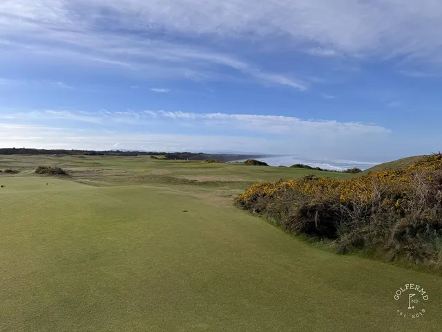 A tee shot at Sheep Ranch, the ground falling toward a green above the beach.
