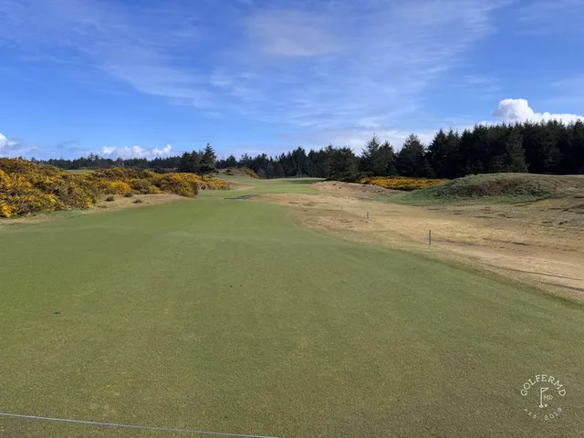 A wide hole at Sheep Ranch, the fairway set between fescue and the ocean.