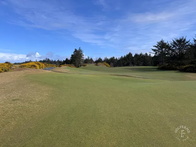 A green at Sheep Ranch with the flagstick, sand around the hole, and the sea beyond.